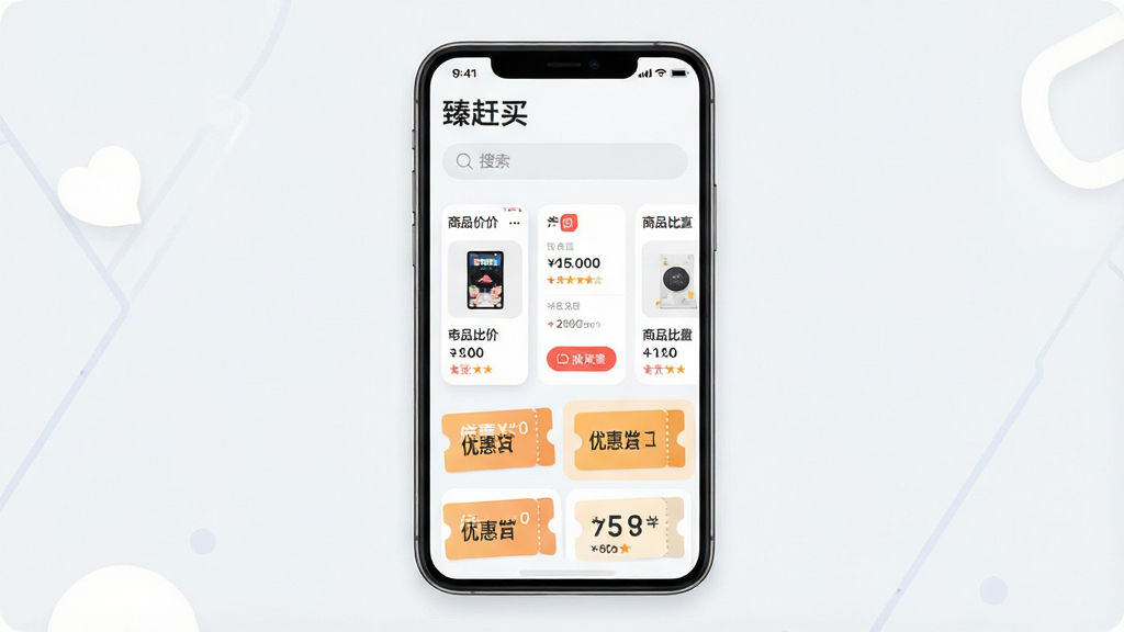 一张手机应用界面展示图,画面中央是“臻赶买”App的主页截图,顶部搜索栏清晰可见,下方排列着商品比价卡片和优惠券图标,整体布局干净清爽,背景为浅灰白色,风格现代扁平化,细节圆润,画质高清干净无多余元素