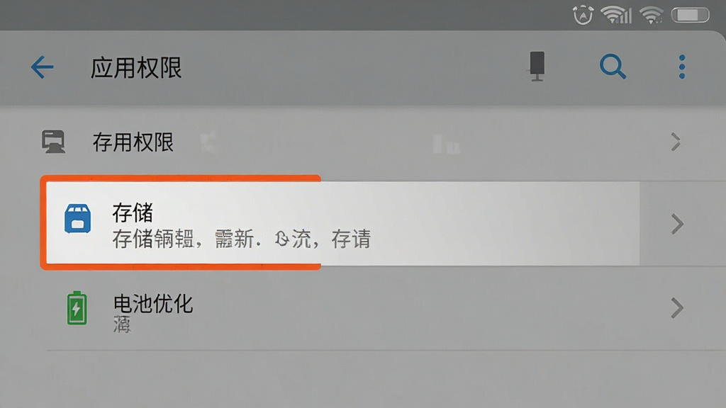 一张手机设置界面的示意图,展示安卓系统的“应用权限”管理页面,高亮标注“存储”和“电池优化”两个选项,背景为系统原生灰色调,风格写实清晰,画质干净无多余图标