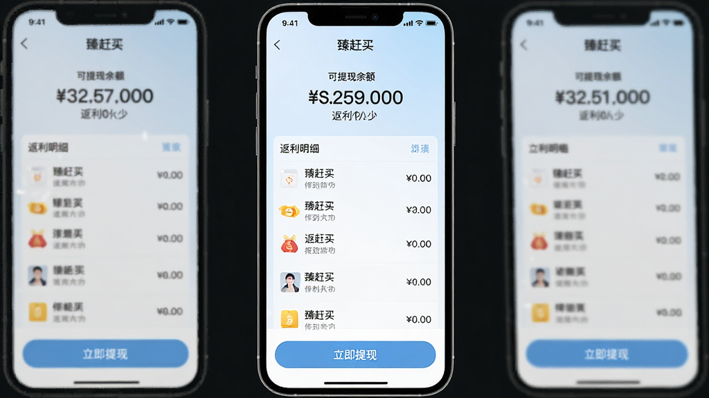 一张手机界面截图,展示“臻赶买”的返利账户页面,顶部显示可提现余额数字,中部是返利明细列表,底部有“立即提现”按钮,背景为淡蓝色渐变,风格清爽简约,画质高清文字清晰无多余装饰