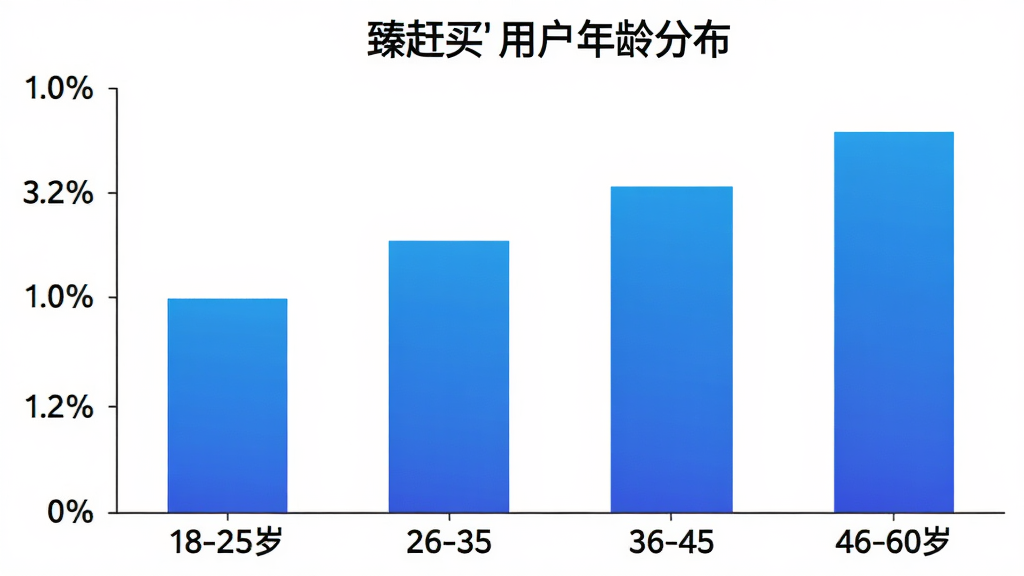 一张柱状图,展示“臻赶买”用户年龄分布,横轴为18-25岁、26-35岁、36-45岁、46-60岁四个年龄段,纵轴为用户占比百分比,柱体为蓝色渐变,背景白色,风格简洁数据可视化,画质清晰干净