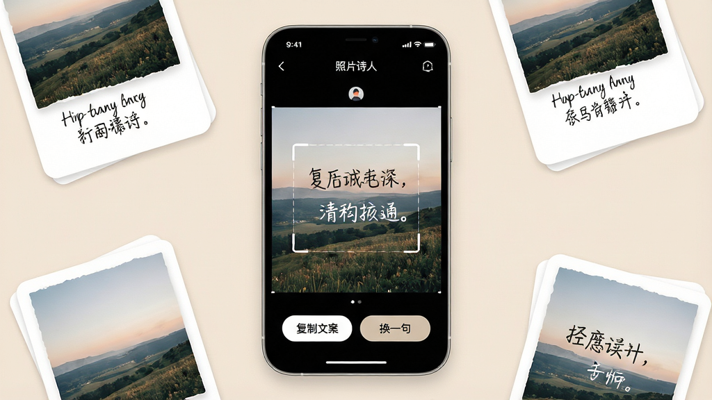 һ��չʾ����Ƭʫ�ˡ�App���Ľ�����ֻ�����ͼ�������������ֻ���Ļ����Ļ����ʾһ�ŷ羰��Ƭ������ʶ������������ն̾䣬�·��С������İ����͡���һ�䡱��ť���ֻ���Χɢ���ż��Ŵ������ĵ���Ƭ��Ƭ�����岼�ָɾ���ˬ�����Ϊ�ִ���ƽ��UI��ƣ�ϸ��Բ�󣬻��ʸ��壬������ɫ�޶���Ԫ��