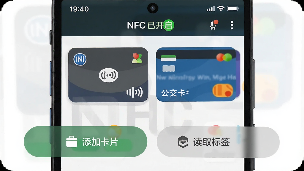 �ֻ�������չʾNFC���ܿ�Ƭ�б�������Ϊ����״̬����ʾNFC�ѿ������м��������Ž����͹������Ŀ�Ƭʽ���У��ײ������ӿ�Ƭ�Ͷ�ȡ��ǩ������ť�����Ϊ�ִ���ƽ����ƣ�ϸ��Բ�󣬻��ʸɾ��������޶���Ԫ�أ�ͼ�а������֡��ֻ�NFC��