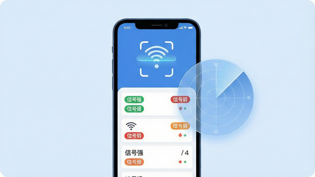 һ��չʾWiFi����ͨһ��ɨ�������������ܵ�ͼƬ������������һ���ֻ�����Ļ��ʾ��WiFi����ͨ��ɨ����棬�Ϸ���һ��������ת��ɨ��ͼ�꣬�·�������WiFi�ȵ��б��ÿ���б���������ע�š��ź�ǿ�������ź������ı�ǩ�����ò�ͬ��ɫ���֡��ֻ��Ա�Ư����һ�������״�ͼ�Σ�����ɨ�跶Χ��������Ϊ�Ƽ��б�ƽ�廭������Ϊ����ɫ�����־��У�ϸ�ڸɾ����䣬�޶���Ԫ�ء�