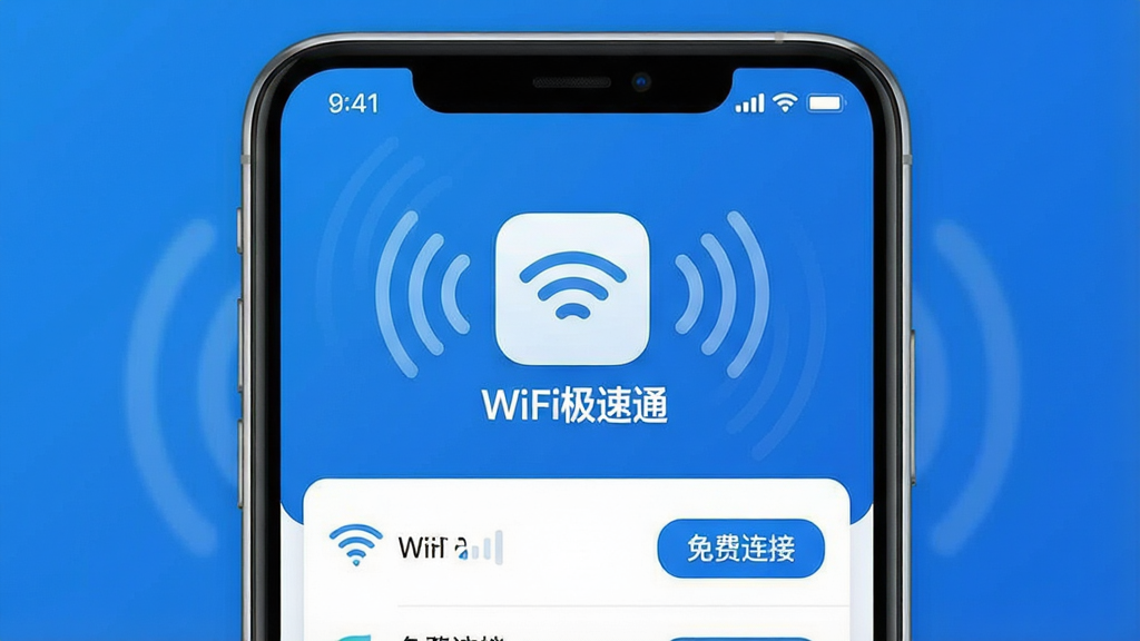 һ��չʾWiFi����ͨ��������ȫò��ͼƬ������������һ�������ֻ�����Ļ������ʾ�š�WiFi����ͨ��������ͼ������ƣ�ͼ����Χ�����Ŵ���WiFi�źŵĲ����������ֻ���Ļ�Ϸ��Ǽ�����ɫ״̬�����·�����������Ŀ���WiFi�б���ÿ���б��������ź�ǿ��ͼ��͡�������ӡ���ť�����岼���������ˣ����Ϊ�ִ���ƽ����ƣ�ɫ���ԿƼ����Ͱ�ɫΪ����ϸ��Բ�󣬻��ʸɾ��������޶�������Ԫ�ء�