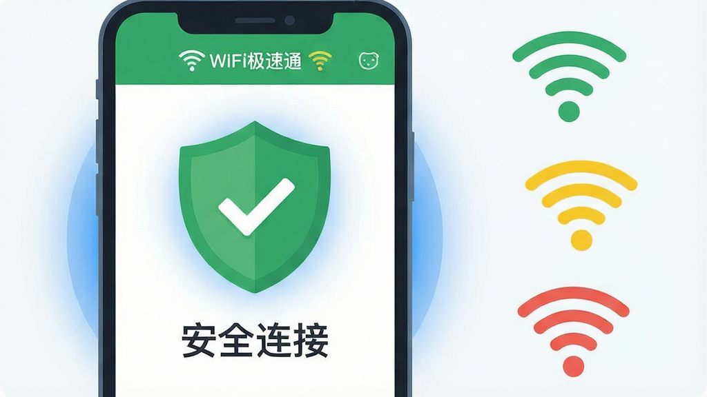 һ��չʾWiFi����ͨ��ȫ���Ӽ�⹦�ܵ�ͼƬ������������һ���ֻ�����Ļ������ʾ��һ����ɫ�Ķ���ͼ�꣬��������һ����ɫ�ĶԹ��������·��ǡ���ȫ���ӡ��ĸ��֡��ֻ���Ļ������WiFi����ͨ�����ӳɹ����棬��Χ��΢������ɫ���Ρ������Ҳ��Ǽ�����ͬ��ɫ��WiFi�ź�ͼ�꣬��ɫ������ȫ����ɫ����δ֪����ɫ�������ա�������Ϊ��ƽ����ȫ����廭�����ּ�࣬ϸ�����������ʸɾ����޶���Ԫ�ء�