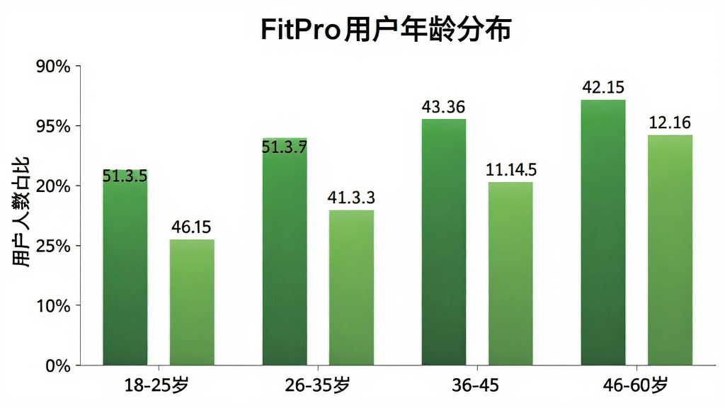 FitPro�û�����ֲ���״ͼ�������ע18-25�ꡢ26-35�ꡢ36-45�ꡢ46-60���ĸ�����Σ�����Ϊ�û�����ռ�Ȱٷֱȣ���״��ɫ����ɫ����Ϊ����ͼ���Ϸ���עFitPro�û�����ֲ����⣬����Ϊ��ɫ��������ݱ�ǩ�����ɼ������ʸɾ��޶���Ԫ��