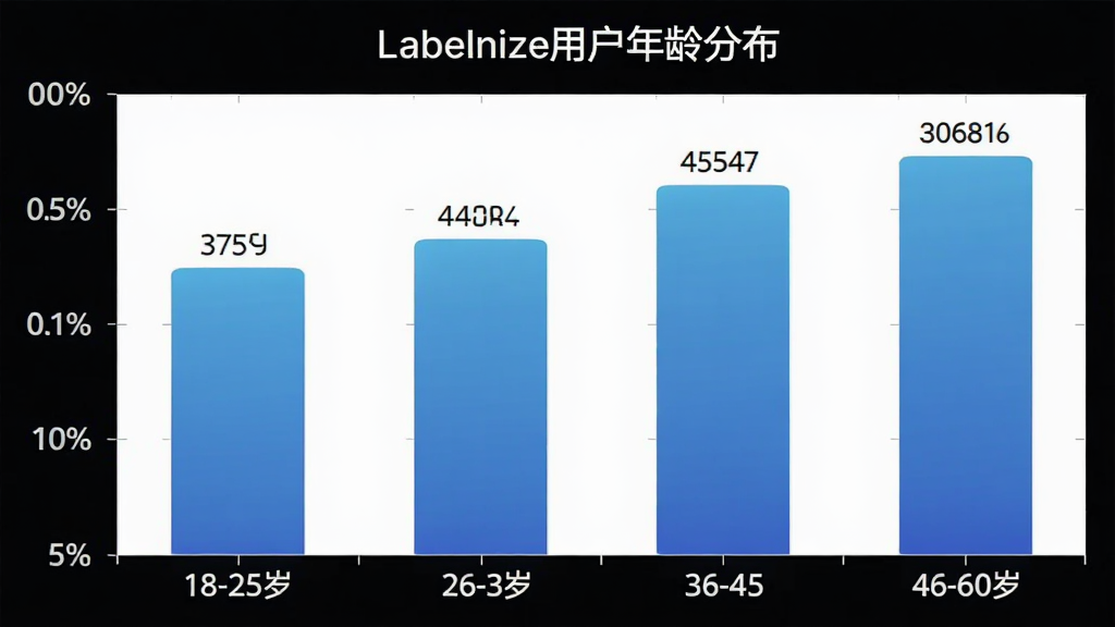 Labelnize�û�����ֲ���״ͼ������Ϊ�����18-25�ꡢ26-35�ꡢ36-45�ꡢ46-60�꣬����Ϊ�û�ռ�Ȱٷֱȣ���״ͼ��ɫΪ��ɫ���䣬ͼ������Ϊ