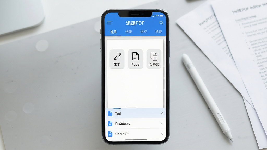 һ��չʾѸ��PDF�༭���ֻ����������ͼƬ������������һ�������ֻ�����Ļ��ʾѸ��PDF�༭��Ӧ�ý��棬���涥������ɫ���������м����ĵ��༭���������������ֱ༭��ҳ��������ϲ���ֵ�ͼ�갴ť���ײ����ļ��б������岼������������ִ���ƽ�����ʸɾ�������Ϊǳ��ɫ����̨�棬�Ա߷���һ֧���رʺͼ���ֽ���ĵ��������������