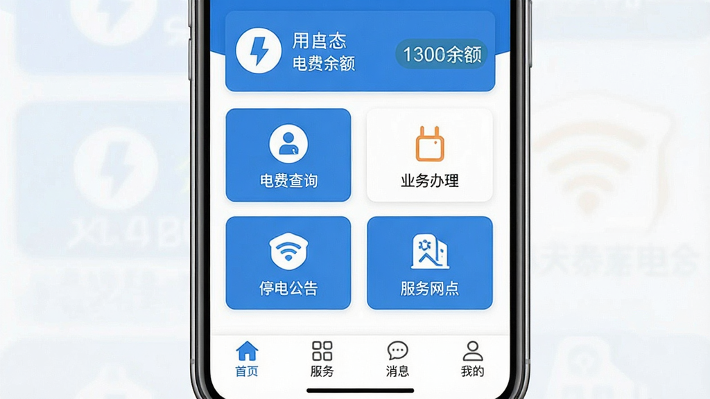 һ���ֻ���Ļչʾ��̩����App�����棬������ɫ��������ʾ�û���Ϣ�͵�����м��ǵ�Ѳ�ѯ��ҵ�������ͣ�繫�桢���������ĸ���ͼ�갴ť���ײ�Ϊ��ҳ��������Ϣ���ҵ��ĸ�ѡ������岼��������࣬����ִ���ƽ�����ʸɾ��޶���Ԫ��