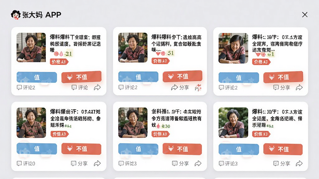 �Ŵ��衱APP������������Ϣ�����棬ÿ�����Ͽ�Ƭ����ʾ��Ʒ����ͼ�������İ����۸��ǩ�͡�ֵ���롰��ֵ����ͶƱ��ť����Ƭ�ײ����������ͷ���ͼ�꣬�����Կ�Ƭʽ���ֳ��֣�����Ϊ��͵�ǳ��ɫ�����������������һ��������־�����ʸɾ�����
