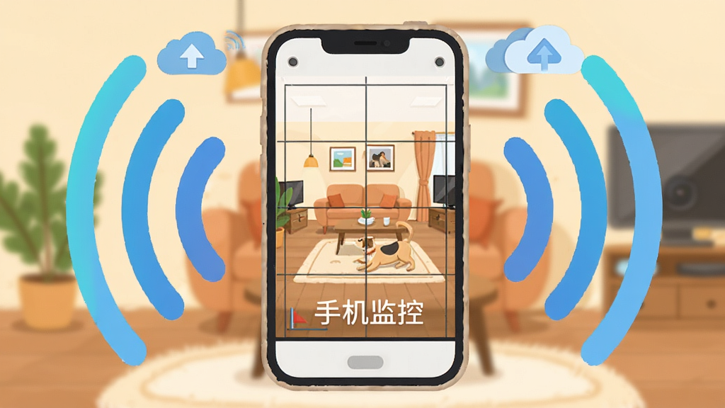 画面中心是一部旧智能手机被改造成监控摄像头的场景,手机屏幕显示着实时监控画面,画面中有客厅布局和宠物活动,手机周围环绕着Wi-Fi信号波纹和云端存储图标,背景是温馨的家居环境,布局采用居中构图,风格为扁平化插画,细节包括手机边框的圆角处理、屏幕内画面的清晰网格线、信号波纹的渐变蓝色,画质干净清晰,无多余元素,图片中打文字“手机监控”