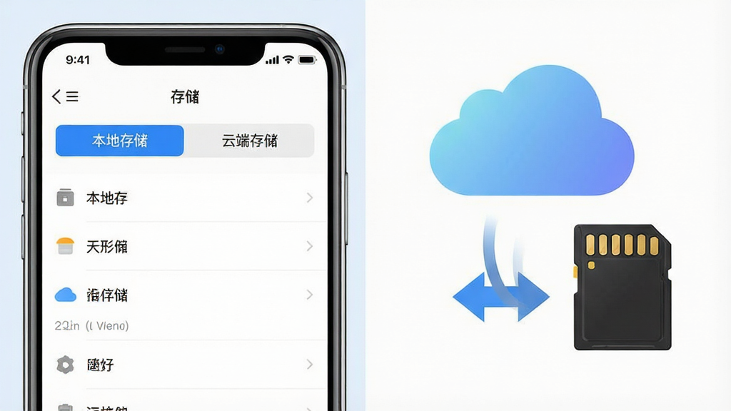 画面左侧是一部手机显示存储设置界面,界面中有“本地存储”和“云端存储”两个选项卡,右侧是一个云朵图标和一张存储卡图标并列,中间有双向箭头连接,布局为左右对比构图,风格为现代扁平化设计,细节包括选项卡的选中高亮状态、云朵的柔和渐变、存储卡的金属触点纹理,画质干净清晰,无多余元素