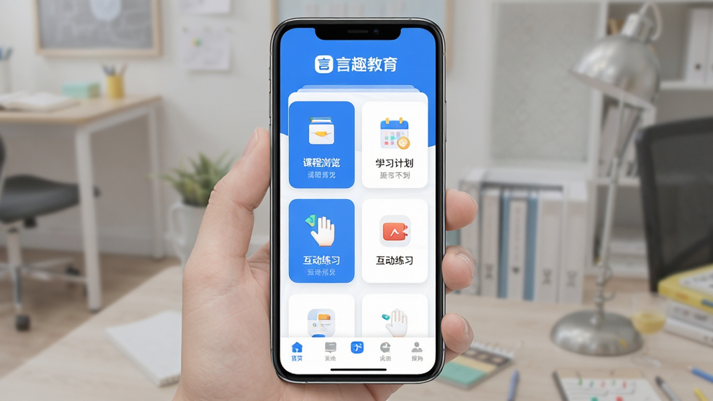 ��Ȥ����App������ȫòչʾ���ֻ���Ļ������ʾApp��ҳ������ΪƷ�Ʊ�ʶ����Ȥ���������в�Ϊ���ܿ�Ƭʽ���֣������γ������ѧϰ�ƻ���������ϰ��ģ��ͼ�꣬�ײ�Ϊ�������������������������ɫ����ƽ����Ʒ�񣬽���ɾ����࣬�޶���װ��Ԫ�أ������������߷ֱ��ʣ��ʺ�Ӧ���̵�չʾ