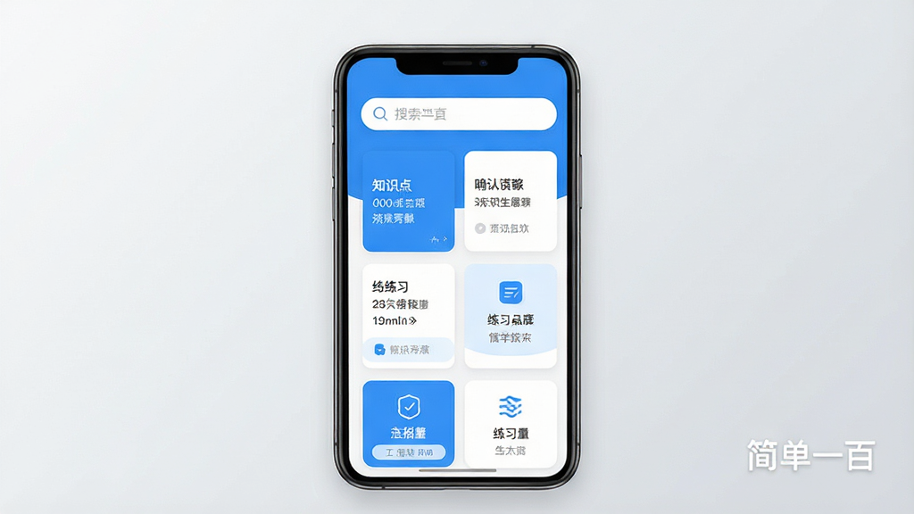 一张展示简单一百App核心界面的手机样机图,画面中央是简洁的蓝白色学习界面,顶部搜索框醒目,下方排列着知识点卡片和练习入口,背景为浅灰色渐变,风格现代扁平,细节干净,画质清晰,无多余元素,图片中带有“简单一百”文字标识