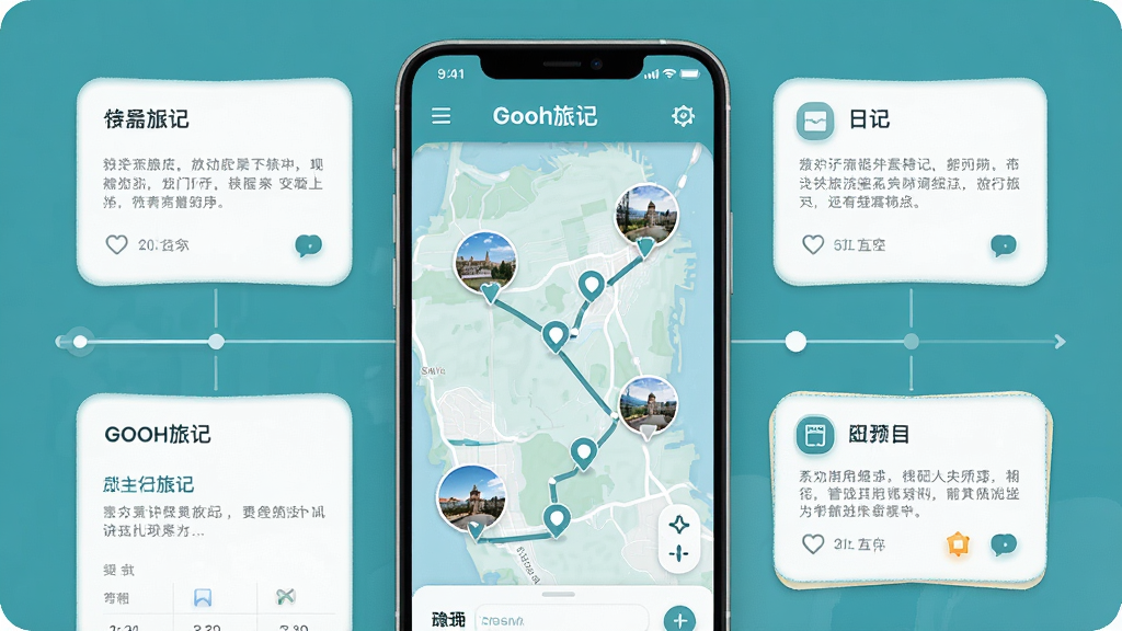 һ��չʾGooh�ü�Ӧ�����������ֻ���Ļ��ͼ������������Gooh�üǵ����й켣��ͼ����ͼ�ϱ�ע�Ŷ�����еص�ͼ�����Ƭ����ͼ����Χ������ʱ������ռǿ�Ƭ������������������¼�Լ����ɫ��Ϊ����ɫ�Ͱ�ɫ��ϸ��Բ�󣬻��ʸɾ��������޶���Ԫ��