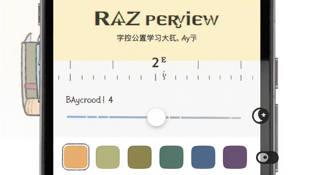 RAZ�ּ�ѧϰ�����Ķ����ý����ʾ��ͼ������Ϊ�ֻ���Ļ��ʾ�����С���ڻ���ͱ���ɫѡ�����Ϊ�Ϸ�Ԥ�������м们��ؼ����·�ɫ��ѡ����ţ��Ű����������Ϊ���򹤾���APP��ƣ�ϸ�ڰ���ǳ�ƻ��۱������ֺſ̶ȱ�Ǻ�ҹ��ģʽ�л�ͼ�꣬���ʸɾ��޶���Ԫ��