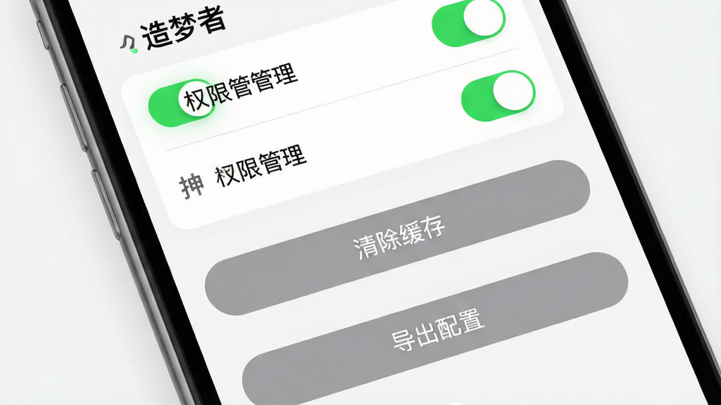 һ�š������ߡ�App���ý�����ֻ���ͼ����ͼ������Ϊ�ֻ���Ļ��д�����ִ��ϵ�������ΪȨ�޹��������б���������水ť����������ѡ����Ϊ�������ҳ��ƣ�ϸ���Ͽ���Ϊ��ɫ����״̬����ťΪ��ɫԲ�ǣ���������������Ϊǳɫ���޸���Ԫ��