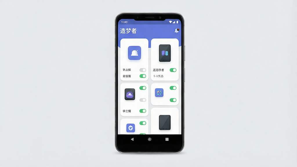 һ��չʾ�������ߡ�App���Ľ�����ֻ�����ͼ��������һ�����з��õİ�׿�ֻ�����Ļ����ʾApp��ҳ������Ϊ����״̬�����в��豸��Ƭ���񡢵ײ������������Ϊ�ִ���ƽ����ƣ�ϸ�����豸��Ƭ����Բ��ͼ��Ϳ���״ָ̬ʾ�����������ɾ�������Ϊǳ��ɫ��ɫ���޶���װ��Ԫ��