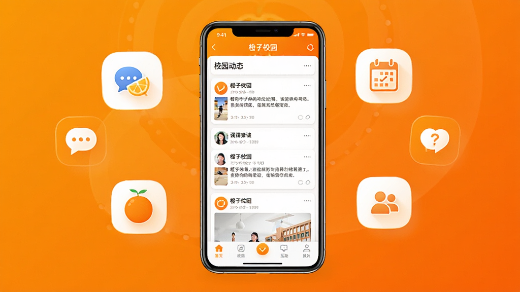 һ��չʾ������У԰��APP���Ľ�����ֻ�����ͼ���ֻ���Ļ��ʾУ԰��̬��Ϣ���͵ײ��������������������ĳ�ɫ���䣬������������ֻ�����ΧƯ���Ŵ����罻���α��������ļ��ͼ�꣬��������ִ���ϸ�ڸɾ������ʸ����޶���Ԫ��