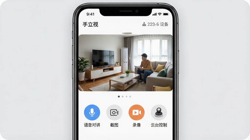 ������App������ȫòչʾ���ֻ���Ļ������ʾ�ż�ͥ������ʵʱ��ػ��棬��������ɫ����Ȼ���·����ĸ�Բ�ι��ܰ�ť�ֱ��ǡ������Խ�������ͼ����¼�񡱡���̨���ơ�������״̬����ʾ�������ӡ����ֱ�ʶ�������豸���������岼�ּ�����죬����Ϊǳ��ɫ������ִ���ƽ����ϸ��Բ����ë�̣����ʸɾ��������޶���Ԫ��