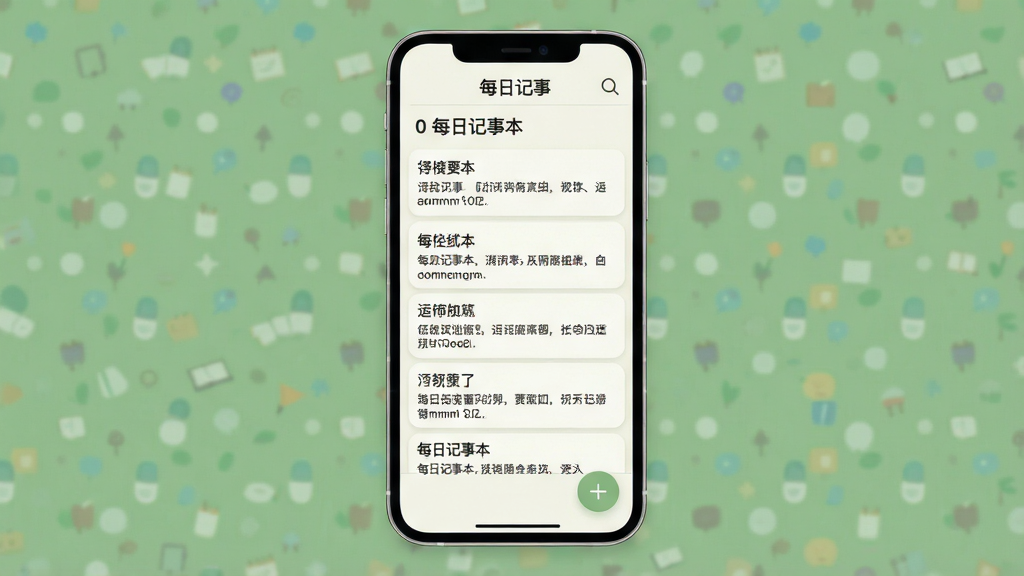 һ���ֻ�Ӧ�ý���չʾͼ������������һ�������ֻ�����Ļ����ʾ��ÿ�ռ��±���App�������棬����Ϊǳɫ���������������ں�����ͼ�꣬�м��Ǳʼ��б���ÿ���ʼǴ�С����ͼ�����ݣ����½���һ��Բ�μӺŰ�ť�����岼�ּ����ˬ�����Ϊ�ִ���ƽ����ƣ�ϸ��Բ�󣬻��ʸɾ��޶���Ԫ��