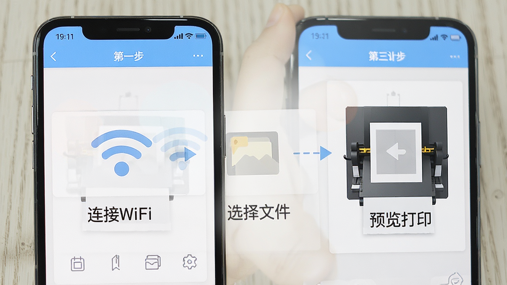 һ��չʾ��Сӡʹ�ý̳̲����ͼƬ���������ֻ���Ļ��ʾ�ֲ��������棬��һ������WiFi���ڶ���ѡ���ļ���������Ԥ����ӡ�������Ű�������������ƽ��ϸ����ȷ�����ʸɾ����޶���Ԫ��