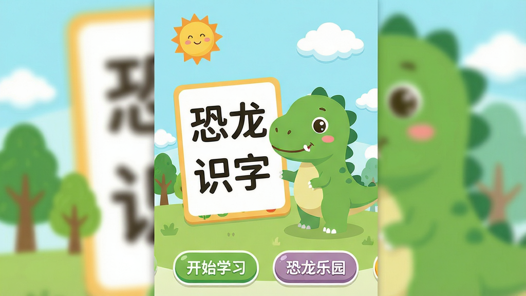 һ��չʾ����ʶ��App��������ֻ���ͼ���廭������������һֻ�ɰ�����ɫ��ͨС����վ��ʶ�ֿ�Ƭ�Աߣ���Ƭ��д�š�����ʶ�֡��ĸ����֣���Χɢ����̫������ľ���ƶ�ȶ�ͯ�廭Ԫ�أ��ײ��С���ʼѧϰ����������԰���Ȱ�ť��ǩ�����岼��Ϊ�����ֻ����棬���Ϊ��ƽ����ͯ�廭�磬ϸ��Բ����ͣ����ʸɾ��������޶�������Ԫ��