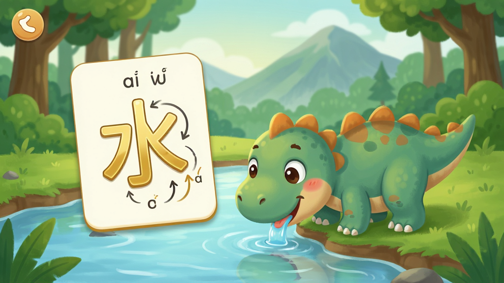 һ�ſ���ʶ��Appѧϰ����Ĳ廭��������һֻ��ͨС����վ��Ϫ���ߵ�ͷ��ˮ���Ա߸��ֽ�ɫ�ġ�ˮ���ֿ�Ƭ����Ƭ����ƴ����ע�ͱ�˳����ʾ�⣬��������ɫɭ�ֺ�Զɽ�����岼��Ϊ����ѧϰ���������Ϊ��ܰ��ͯ�汾�磬ɫ����ͣ�ϸ�����������ʸɾ�������Ԫ��