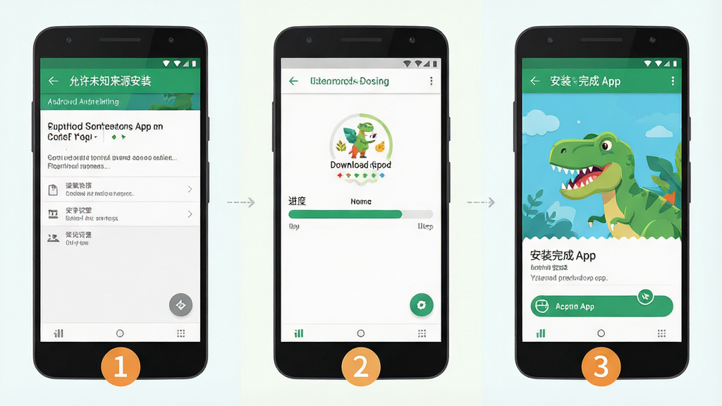 һ��չʾ��׿�ֻ���װ����ʶ��App���̵Ĳ���ʾ��ͼ�廭�������Ϊ�������е��ֻ���Ļ�������ҷֱ��ǡ�����δ֪��Դ��װ�������ý��桢���ؽ��������桢��װ��ɴ�App�Ľ��棬ÿ����Ļ�·��ж�Ӧ�Ĳ����ű�ǩ�����岼��Ϊ��������̳�ͼ�����Ϊ����ƽ����Ϣͼ��ɫ�����죬ϸ�����������ʸɾ��޶���Ԫ��