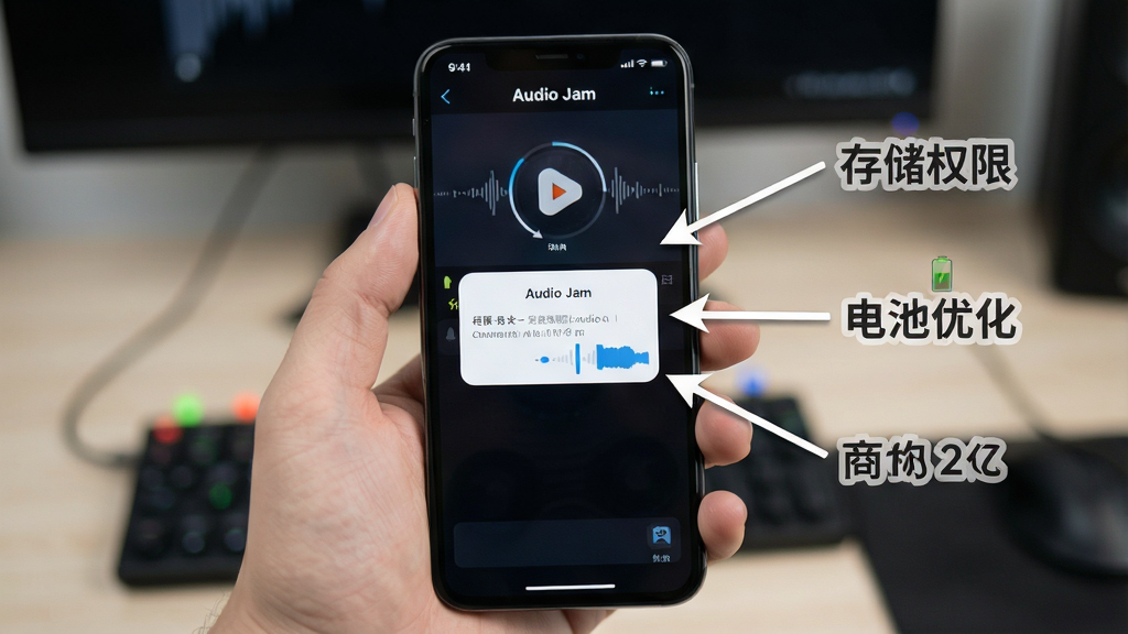 һ��չʾAudio Jam���ֻ��ϲ����̵̳�ͼƬ��������һֻ�������ֻ�����Ļ��ʾAudio Jam�ĵ�����Ƶ�����Ȩ�����õ������Ա��м�ͷ��ע���洢Ȩ�ޡ�������Ż�������ʾ�����дʵ���������ʸɾ�