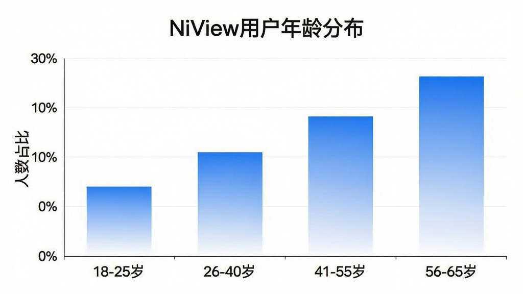 һ��չʾNiView�û�����ֲ�����״ͼ�������ע����Ρ�18-25�ꡱ��26-40�ꡱ��41-55�ꡱ��56-65�ꡱ�������ע����ռ�ȣ���״ͼ��ɫΪ���׽��䣬ͼ���Ϸ���ע��NiView�û�����ֲ�������������񣬻��ʸɾ����޶���װ��