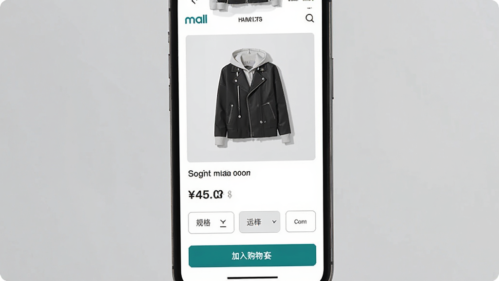 һ��չʾÿѡmall��Ʒ����ҳ���ֻ�����ͼ������۽��ֻ���Ļ����Ļ����ʾ��Ʒ��ͼ���۸��ǩ�����ѡ��ť�ͼ��빺�ﳵ��ť���Ű�������������ִ�����ɫ�԰׻�Ϊ����׺Ʒ��ɫ�����ʸɾ��޶���Ԫ��