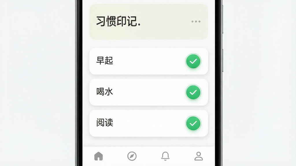 һ���ֻ�Ӧ�ý���չʾͼ������������һ��������׿�ֻ�����Ļ����ʾ��ϰ��ӡ�ǡ�APP�������棬������ǳɫ�ʺ��������м����������š����𡱡���ˮ�����Ķ�������ϰ�߿�Ƭ��ÿ����Ƭ�Ҳ���һ��Բ�δ򿨰�ť�����������ѵ���Ϊ��ɫ�Թ�״̬���ײ��Ǽ��ĵ����������岼����ˬ���׳��㣬���Ϊ�ִ���ƽ�������ϸ��Բ����ͣ����ʸɾ����壬�޶���Ԫ��