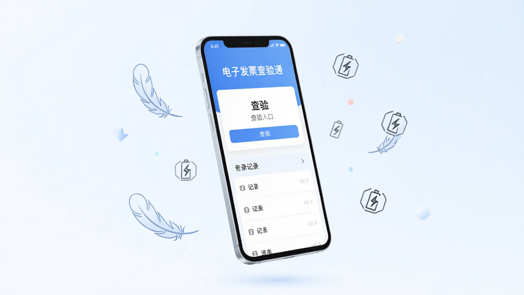 主体是一部轻薄手机悬浮在浅色背景中,屏幕显示“电子发票查验通”首页的查验入口与记录列表,布局上手机居中、四周环绕轻量化的羽毛与电量图标,排版简洁留白充足,风格为极简科技插画风,细节包括淡蓝渐变背景、纤细线条图标、干净的文字标签,画质高清干净无多余元素