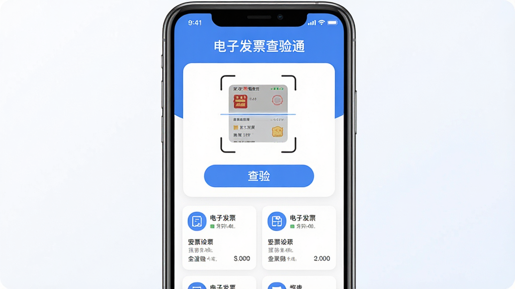主体是一台居中摆放的智能手机,屏幕显示“电子发票查验通”应用界面,上方是发票扫描框与查验按钮,下方排列发票记录卡片,布局简洁对称,排版上软件名称置于画面顶部居中,风格为现代扁平化科技风,细节包括蓝白配色、圆角卡片、清晰的图标与文字标签,画质高清干净无多余元素