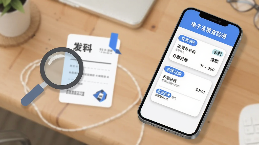 画面主体是一部手机斜放在办公桌上,屏幕中显示“电子发票查验通”的查验结果页面,包含发票号码、金额、开票日期等字段卡片,布局上手机位于画面右侧,左侧配有放大镜与发票图标元素,排版层次分明,风格为清爽商务扁平风,细节有蓝色高亮标签、圆角信息框、柔和阴影,画质清晰干净无多余元素