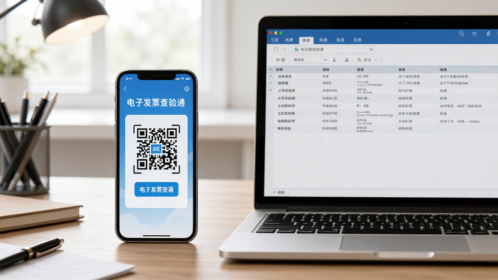 主体是一部手机与一台笔记本电脑并排放在桌面上,手机屏幕显示“电子发票查验通”扫码界面,电脑屏幕显示发票信息整理表格,布局上手机在左、电脑在右,排版平衡,风格为写实办公场景风,细节包括桌面文具、柔和自然光、清晰的屏幕内容,画质干净无多余元素
