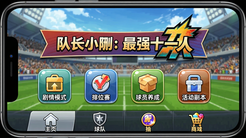 手机屏幕显示游戏主界面,背景是足球场看台,中央横幅写着
