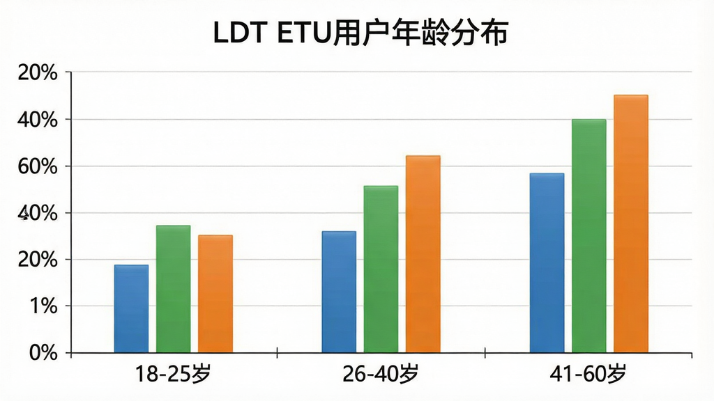 һ����״ͼչʾLDT ETU�û�����ֲ�������Ϊ��18-25�ꡱ��26-40�ꡱ��41-60�ꡱ��������Σ�����Ϊ�û�ռ�Ȱٷֱȣ�������ɫ�ֱ�Ϊ��ɫ����ɫ����ɫ��ͼ���Ϸ��С�LDT ETU�û�����ֲ������⣬��������񣬻��ʸɾ����޶���Ԫ��