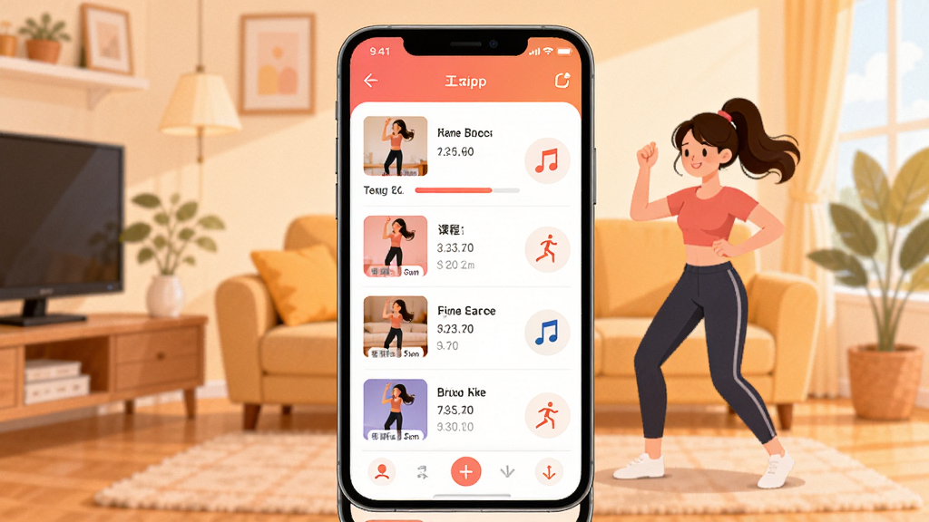 �趯ʱ��APP������ȫòչʾ�������������ֻ���Ļ����Ļ�ڳ����赸�γ��б��͸������棬��������ܰ�ľӼҿ���������һλ����Ů�����ڶ����ֻ����裬����ɫ����ů���������Ϊ��ƽ��UI�廭��ϸ�ڰ����γ�����ͼ���������Ͷ����ֽ�ͼ�꣬���ʸɾ��������޶���Ԫ��