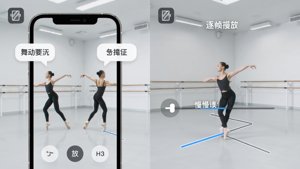 �趯ʱ��APP����չʾͼ�������Ϊ���������֣����չʾ�����ѧģʽ���ֻ���Ļ�����߶������ҷ�ת���������ֶ���Ҫ�����ݣ��Ҳ�չʾ��֡���Ž��棬���������Ŵ��ע������Ϊǳ��ɫ�赸���ң�������ִ���ϸ�ڰ�������ͼ�ꡢ���ű��ٰ�ť�Ͷ����켣�ߣ����ʸɾ�������������Ԫ��