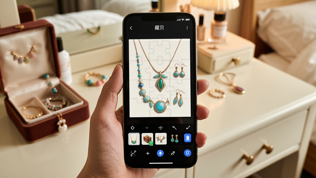 һ��չʾ���ر�������ƴͼ���ܵĳ���ͼ��������һֻ�������ֻ�����Ļ����ʾ��ƴͼ�༭���棬��������������ͬ��ʽ��������һ�Զ�������ק�ڷţ������·����ز����͵������ߣ���������ܰ��������ױ̨���������Ϸ�����ʵ����Ʒ�У���������ϸ�����������������ɾ�