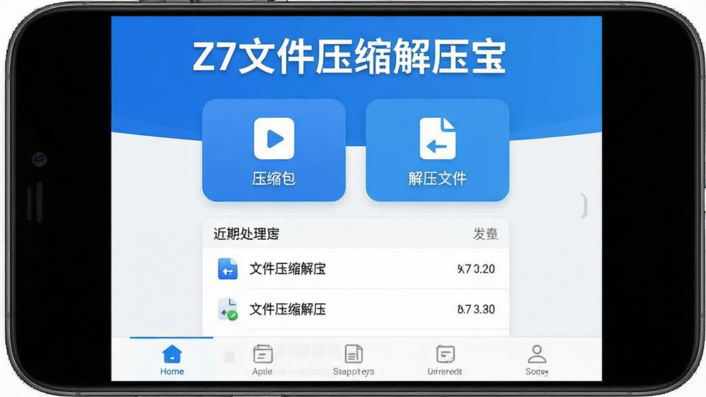 һ���ֻ�Ӧ�ý���չʾͼ������������Z7�ļ�ѹ����ѹ���������棬��������Ŀ���������ơ�Z7�ļ�ѹ����ѹ����������������ÿ�Ƭʽ���֣��Ϸ���ʾѹ�������ѹ�ļ�������ťͼ�꣬�м������г����ڴ������ļ��б����ײ�Ϊ���ܵ���������������ˬ�ִ���������ɫΪ�������ʸɾ��������޶���Ԫ��