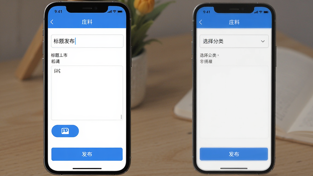 �ֻ�����չʾ��ׯ�ϡ�APP�����ӷ���ҳ�棬����������������ı༭��������ͼƬ��ť�͡�ѡ����ࡱ�����˵���ҳ��ײ��С���������ť�������࣬������ʾ������������ɫ������ƽ����Ʒ�񣬻��ʸɾ�