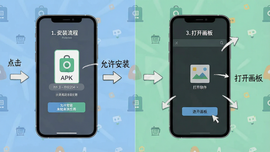 一张准点下班画板的使用教程示意图,画面展示一部手机屏幕,屏幕上分步骤显示安装流程:第一步点击APK文件,第二步允许安装未知来源应用,第三步打开软件进入画板界面,旁边有箭头指引和简单的文字标注“允许安装”“打开画板”,风格扁平化教学图示,配色清爽,画质干净,无多余元素