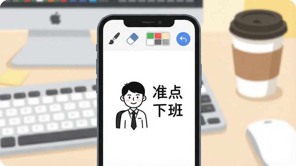 一张展示准点下班画板应用界面的场景图,画面中央是手机屏幕,屏幕内显示简洁的白色画板界面,顶部有工具栏包含画笔、橡皮擦、颜色选择、撤销按钮,画板中间画着一个简笔画的卡通打工人形象,旁边写着“准点下班”四个字,背景是办公桌桌面,有键盘和咖啡杯,风格清新扁平化,细节圆润,画质干净清晰,无多余元素