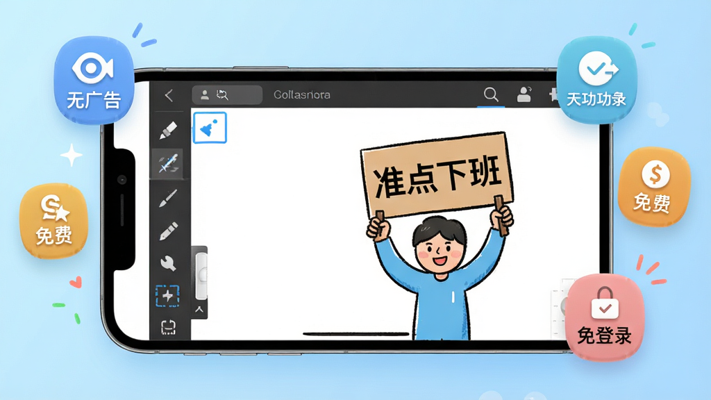 一张准点下班画板的特色功能展示图,画面中一部手机横屏显示画板界面,左侧是工具栏,右侧是绘画区,绘画区里画着一个小人举着“准点下班”的牌子,手机周围漂浮着几个图标代表“无广告”“免费”“免登录”,背景是浅蓝色渐变,风格活泼轻松,细节清晰,画质干净,无多余元素