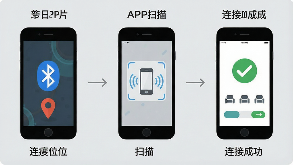 һ��չʾ�ֻ�APP��������ɳ���Ĳ�������ͼ��ͼƬ����������ҷ�Ϊ��������һ���ֻ��������Ͷ�λ���ڶ���APPɨ�赽�豸ͼ�꣬���������ӳɹ���ʾ���ƽ��棬����Ϊǳ��ɫ�����Ϊ��ƽ����Ϣͼ��ϸ�ڰ�������ͼ�ꡢ��λͼ������ӳɹ��ĶԹ���ǣ����ʸɾ����࣬���ֱ�ǩ�����޶���Ԫ��
