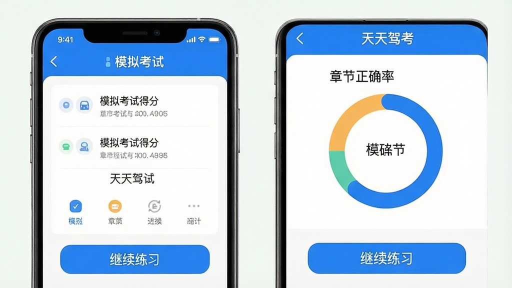 一张展示“天天驾考”APP模拟考试与进度统计页面的效果图,手机屏幕内显示模拟考试得分页面和章节正确率环形图,界面有“模拟考试”“继续练习”按钮,配色为蓝白相间,布局规整,风格现代扁平,画质清晰干净,无多余元素