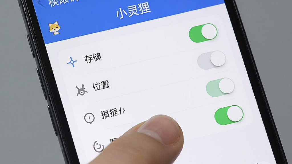 一部手机屏幕显示“小灵狸”App的权限管理设置页面,列表中有存储、位置等权限开关,手指正在操作开关按钮,界面布局清晰,风格简洁现代,细节明确,画质干净,背景为纯色